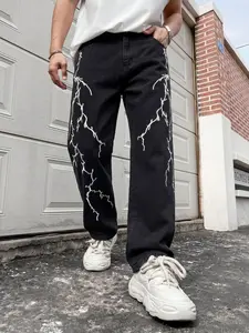 Men's All-Season Washed Lightning Thorn Embroidered Loose Straight Jeans, American High Street Hip-Hop Casual Long Pants