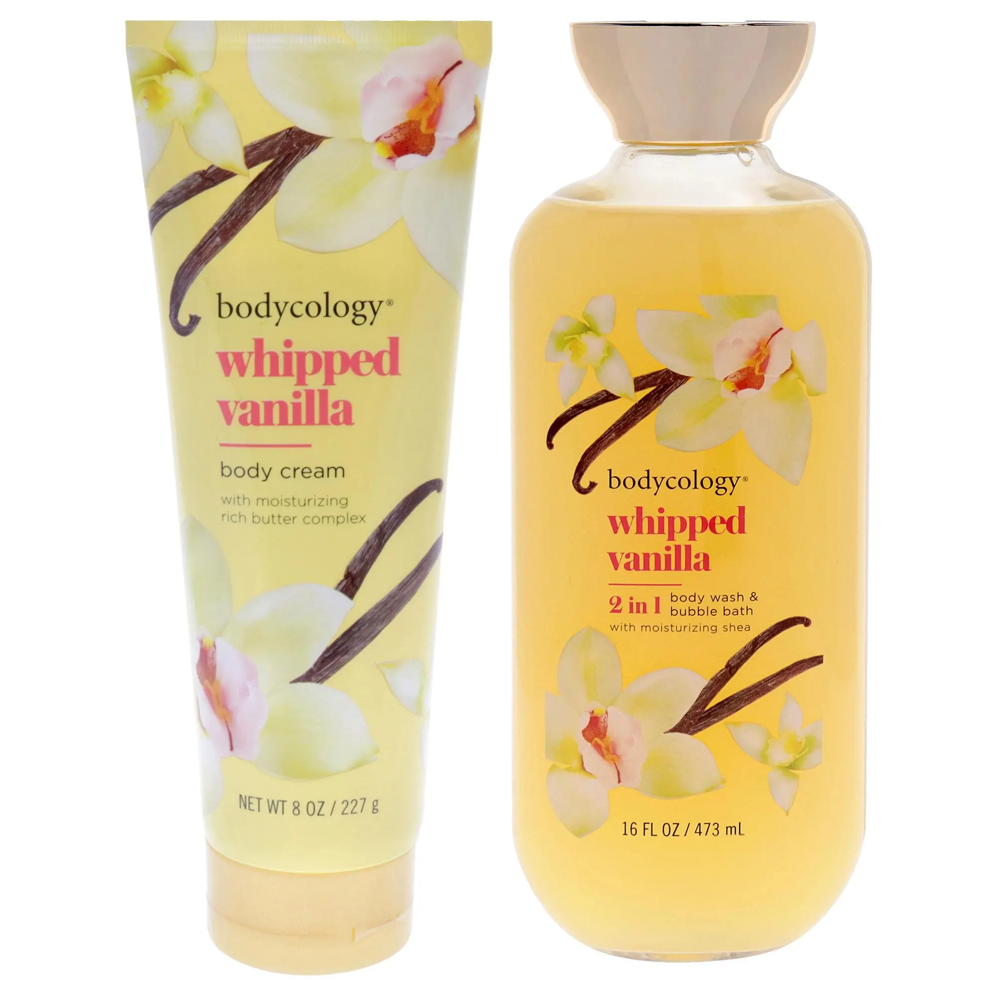 Bodycology Whipped Vanilla 2 Piece Set for Women, Moisturizing Body Cream (8oz) and 2-in-1 Use Body Wash & Bubble Bath (16oz), Two Piece Set