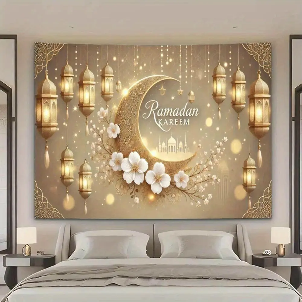 1PC Polyester 2D Flat Ramadan Kareem Tapestry - Reusable Festive Backdrop with Golden Moon, Lantern, Floral Design, Wall Hanging for Bedroom, Living Room, Eid & Birthday Home Decor Supplies, Flat Tapestry, One-Piece