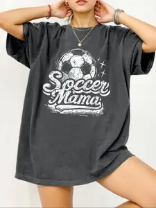 Soccer Mom Inspired Women's Oversized T-Shirt, "Soccer Mama" Vintage Soccer Graphic Top, Trendy Retro American Casual Shirt, Dark Gray