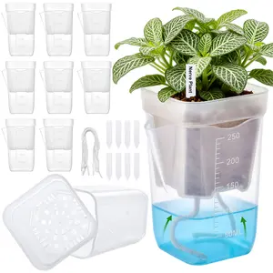 8 Pack 2" Mini Self Watering Pots for Indoor Plants,Small Clear Plastic Planters,Alocasia Corm Propagation,African Violet,Cutting,Seeding,Water Level Indicator,Drainage Hole,8 Plant Label outdoorfun