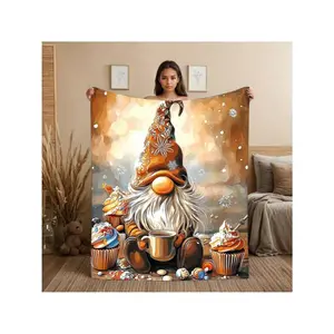 1pc Gnome With Cupcakes Flannel Throw Blanket - Soft Cozy All-Season Black & Golden Gnome & Cupcake Print, Lightweight Warm Bedspread Couch, Bed, Travel - Halloween Birthday, Retro Room Decor ()
