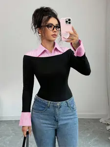 Women's Blouse Shirts Casual Classy Fashion Comfort Elegant Commuter Blue Striped Patchwork Collar Split Design Casual Long Sleeve Collared Top Blouse