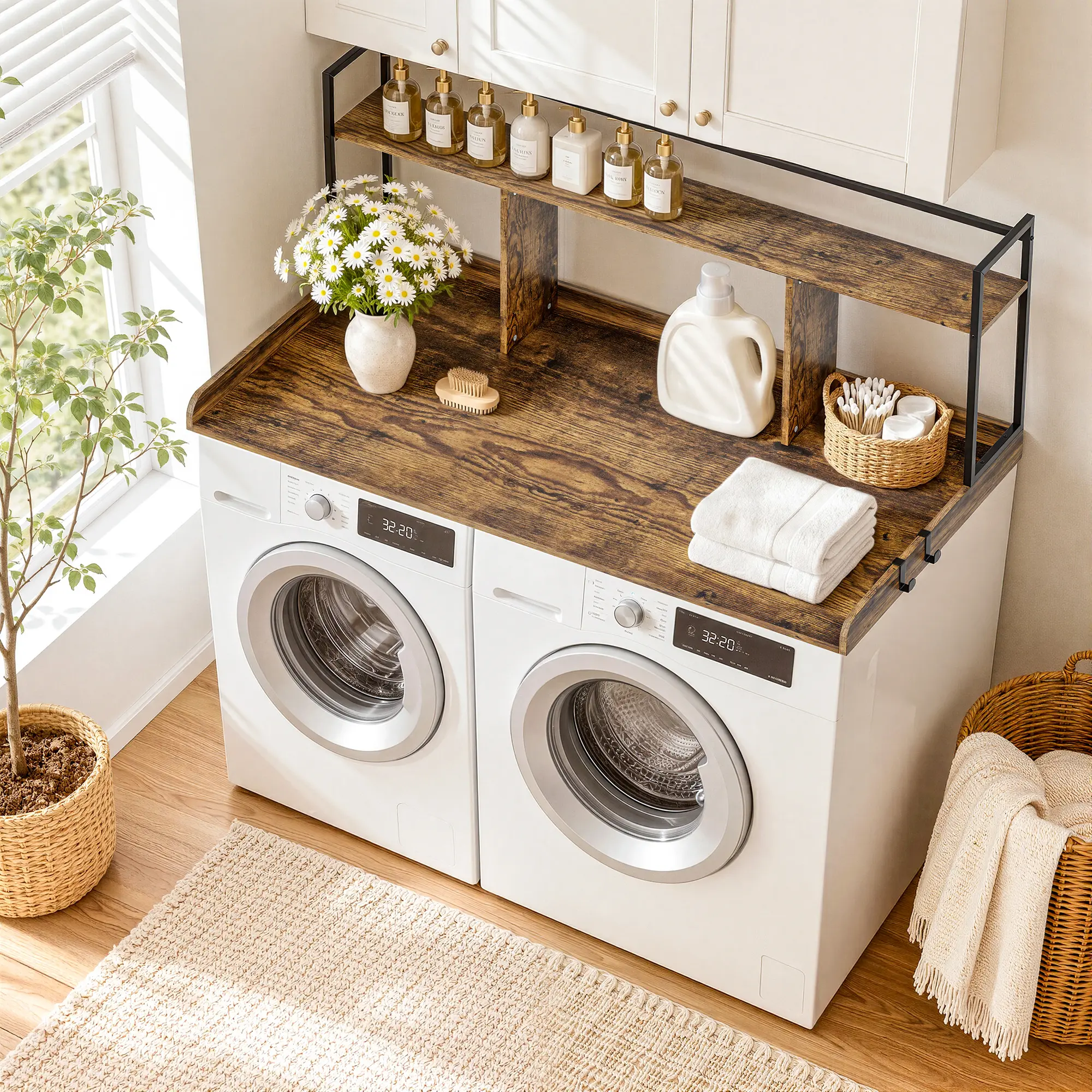 PEGZONE 2-Layer Washer Dryer Countertop Organizer, 54" Heavy Duty Laundry Room Shelf with Anti-Slip Pads, Steel & MDF Wood Topper over Washer Dryer Storage Shelf with Hooks