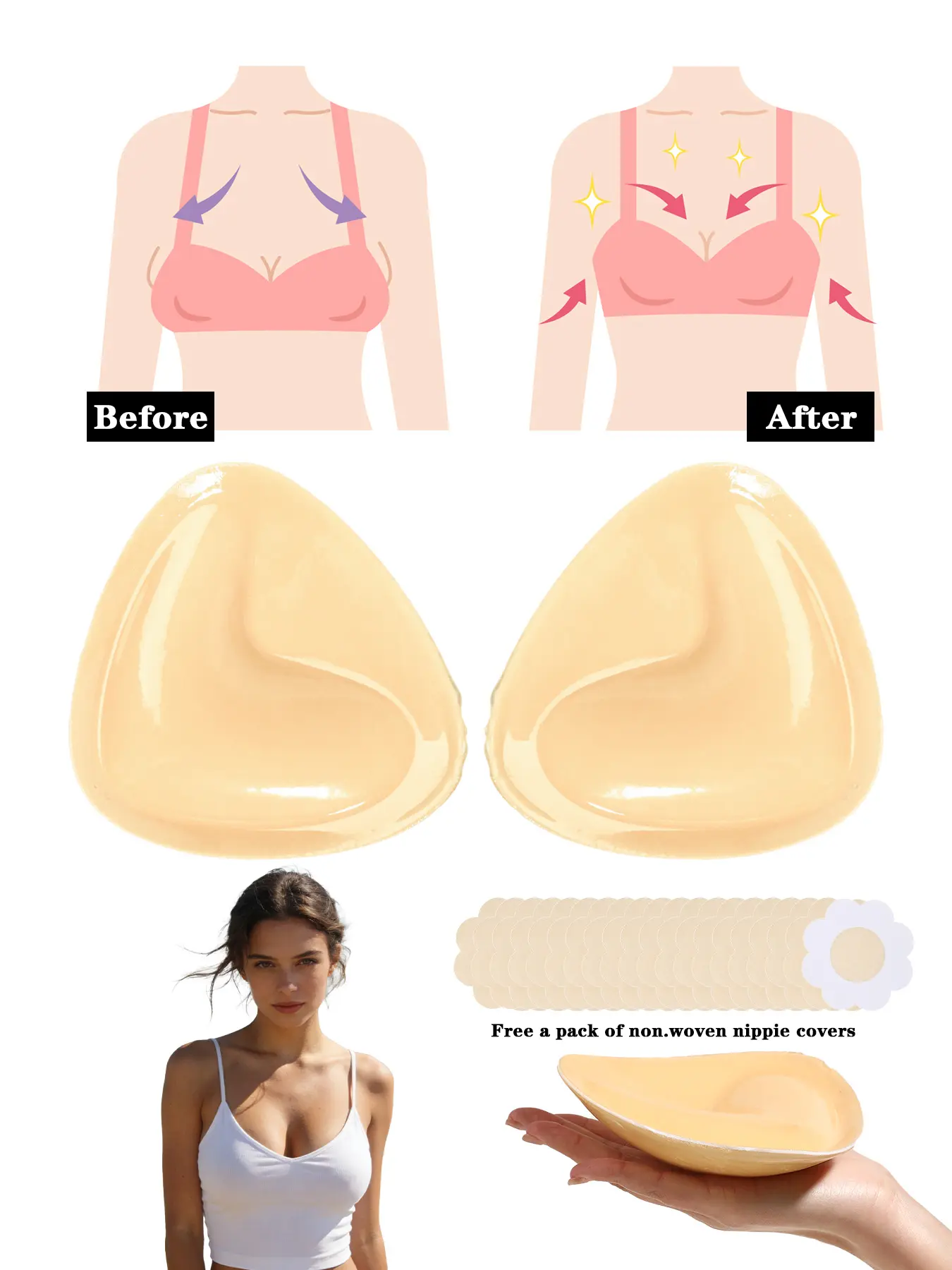 22Pcs Triangle Adhesive Bra Pads with Nipple Covers, Sticky Bra Push Inserts, Double-Sided Strong Stickiness, Lightweight & Thin, Perfect for Summer Swimwear, Backless Dresses & Bikinis, Invisible Bra Padding