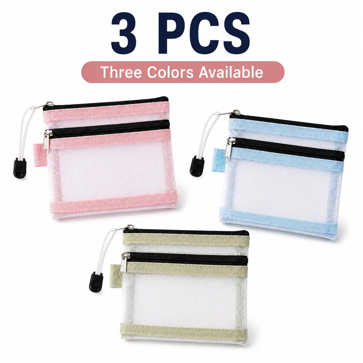 3-Pack Mesh Zipper Document Organizer Pouches, Double-Layer Home & Travel Storage Bags with Clear Card Pocket for Passports, IDs, Office Essentials