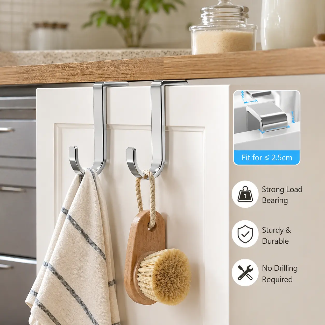 1-Piece Durable Stainless Steel Over Cabinet Double Hook - Over the Door Hooks & Rails, Fits Max 2.5cm Panel Thickness, Holding Kitchen Utensils for Home Storage Wardrobe Organization, One-Piece, Door-Mounted Hooks & Rails