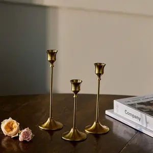 3Pcs Metal Taper Candle Holders Set in Brass Black Silver Minimalist Candlestick Stand for Table Centerpiece Decorative Candle Stick Holder for Wedding Anniversary Elegant Home Decor Antique Brass Style Ornament Gift
