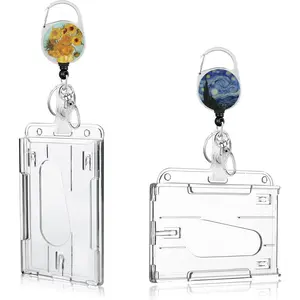2 Pack Hard ID Badge Card Holder, Horizontal or Vertical Heavy ID Card Holder with Keyring and Clip Thumb Slot Clear Card Protector Hard Plastic Card Case for  Office School
