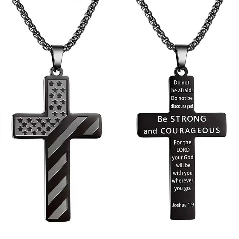 Cross Necklace for Men Stainless Steel 18K Gold Silver Plated American Flag Pendant Bible Verse Cross Necklaces Jewelry Gifts 23.62"