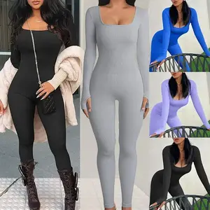 Women's Bodysuit Outfit One-piece Suit Autumn Winter Ribbed Square Neck Hip-lifting Slim Jumpsuit fleabag  jumpsuitsnow  suit white  monochrome  outfit summer  2  piece  set spring  break  outfit