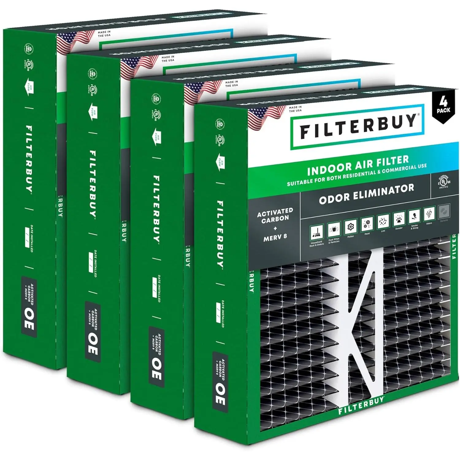 Filterbuy 20x20x5 Air Filter (4-Pack), Pleated MERV 8 Odor Eliminator HVAC AC Furnace Air Filters for Honeywell FC100A1011, Lennox X0585 & More