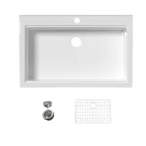 Marevia 36" White Fireclay Kitchen Sink - 36 x 22 Inch Drop-In Topmount Single Bowl, 1-Hole Design, Heavy Duty Large Capacity Deep Basin, Stain Resistant & Non-Yellowing, R20 Corner, Grid Included