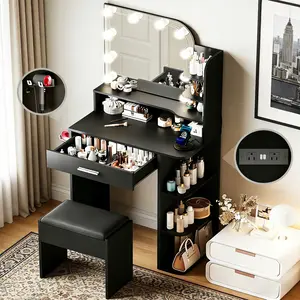 Black Makeup Vanity Set with Chair, Dual-Color Small-Sized Dressing Table Featuring Mirror, Lights & Built-in Power Outlets