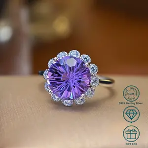 S925 silver inlaid amethyst ring for women, fireworks cut craftsmanship, brilliant color, fashionable lightweight luxury, natural colored gemstone adjustable silver ring