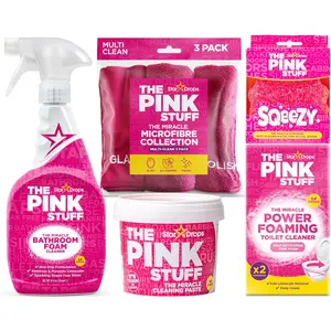 The Pink Stuff Bathroom Cleaning Kit – Cleaning Paste, Bathroom Foam Spray, Toilet Foaming Powder, SQeeZY Sponge & 3 Microfiber Cloths – Tough on Stains, Grease & Soap Scum – Deep Clean Essentials