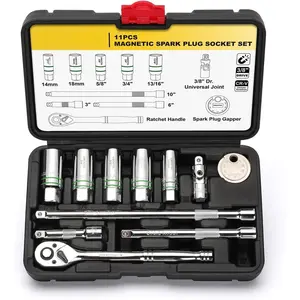 11- 3/8" Drive  Spark Plug Socket Set (5/8", 3/4", 13/16", 14mm, 18mm), with Ratchet Wrench & Universal Joint, Extension Bar and Spark Plug Gapper