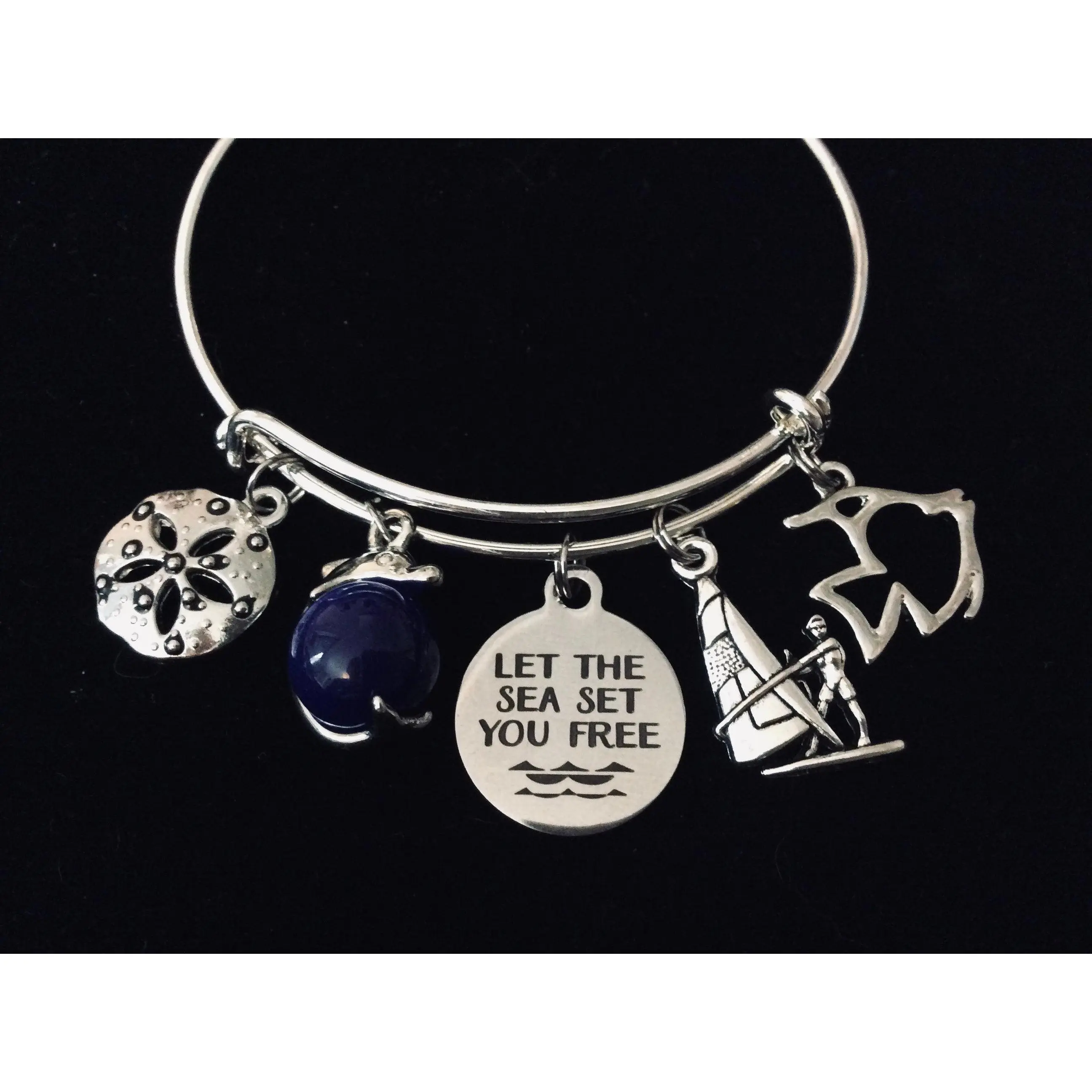 Let the Sea Set you Free Nautical Expandable Charm Bracelet Silver Adjustable Bangle Wind Surfing One Size Fits All Gift Dolphin Sand Dollar