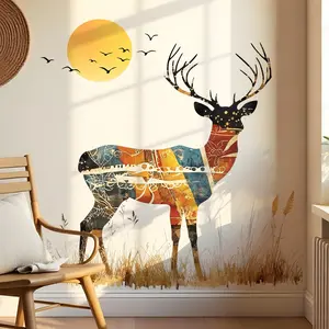 Colorful Deer Wall Decals, Large Removable and Waterproof Elk Wall Stickers for Living Room Porch Bedroom Home Art Mural TV Background Christmas Decoration (Removable/Waterproof)