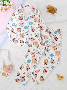 Sleepwear Set, Long Sleeve Top & Elastic Waist Pants, Fire Retardant Knit Fabric, Cartoon Capybara Print, All Seasons,Boys' and girls' pajamas