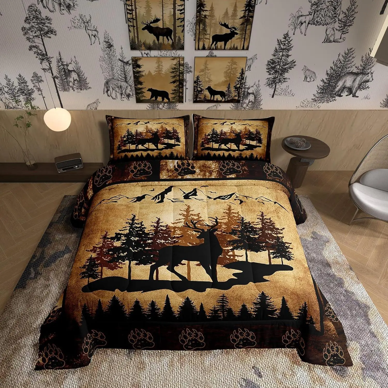 Deer Silhouette Bedding Set,Jungle Paw Trees Wild Animal Comforter Set for Kids Teens Adults,Sketch Mountain Retro Wooden Grid Cabin Comforter Duvet Set