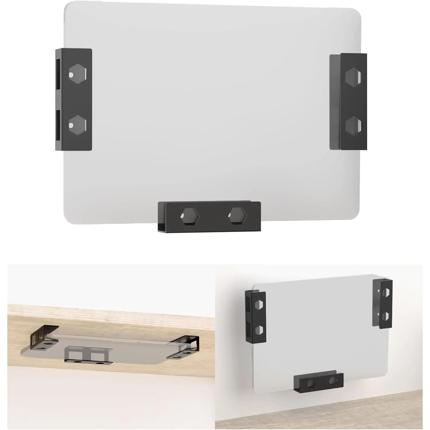 Metal Wall and Under Desk Laptop Mount with Anti-Scratch Pads Under Desk Laptop Holder Compatible with Laptop,MacBook,Keyboard,Tablets with Headphone Hanger Laptop Wall Mount Bracket with Screws