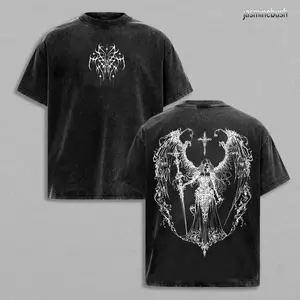 Fallen Angel Oversized Tee: Vintage Washed Heavy Cotton, Gothic Wings