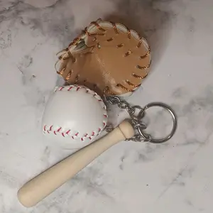 Baseball Keychain with Leather Glove and Wooden Bat Design Baseball Accessory