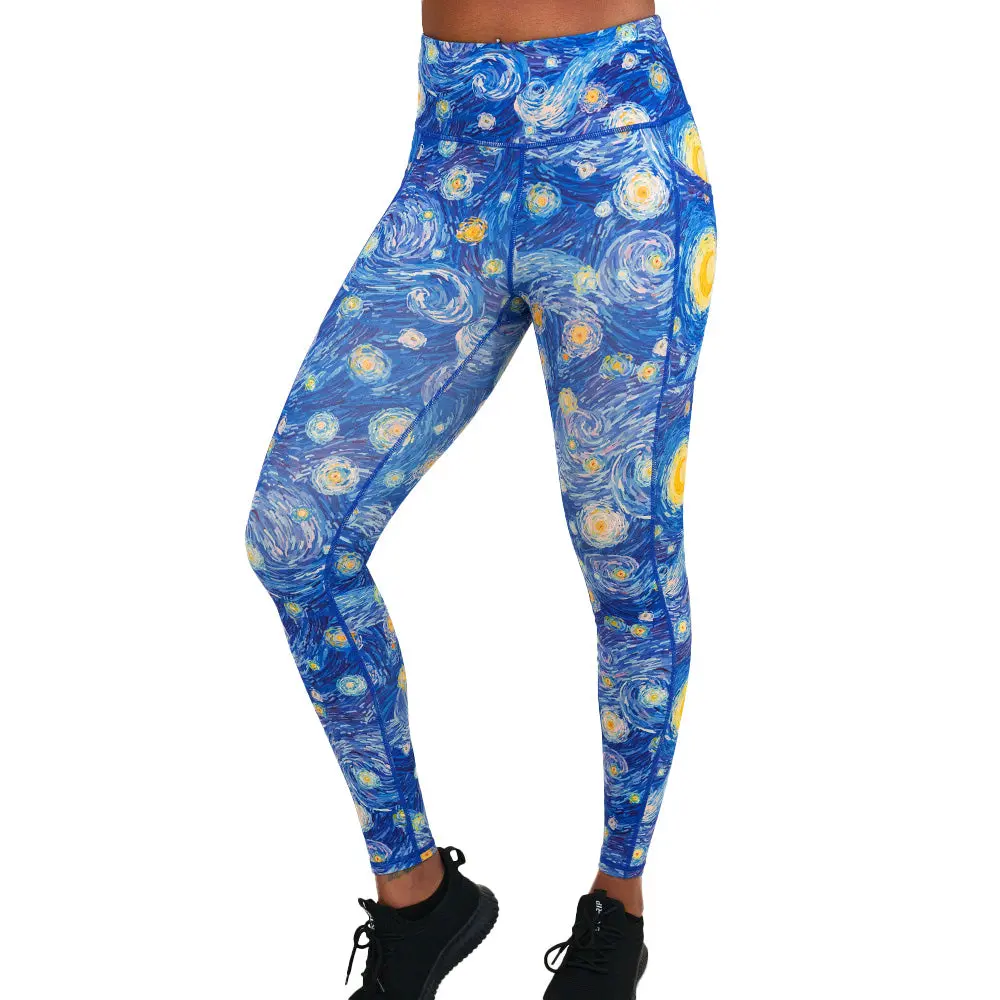Women's Starry Night Fitted Leggings, Traditional Polyester-Spandex Fabric, Bottoms with Pockets