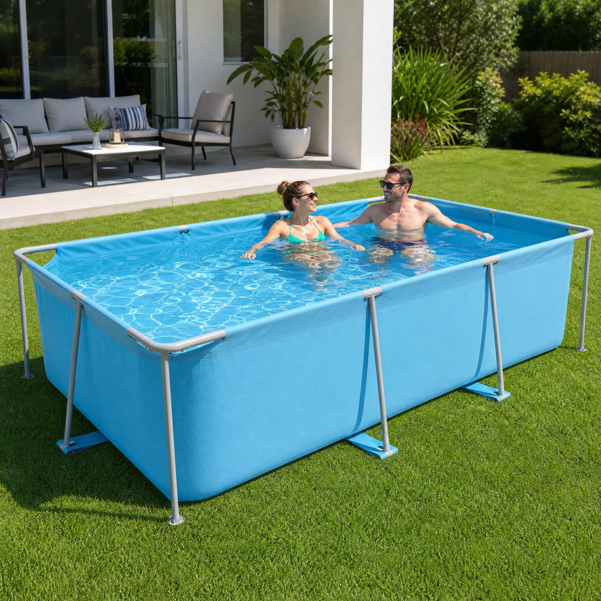 Above Ground Frame Pool 118 x 78 x 30 in, 1046 Gallon Rectangular Steel Frame Family Swimming Pool, Blue