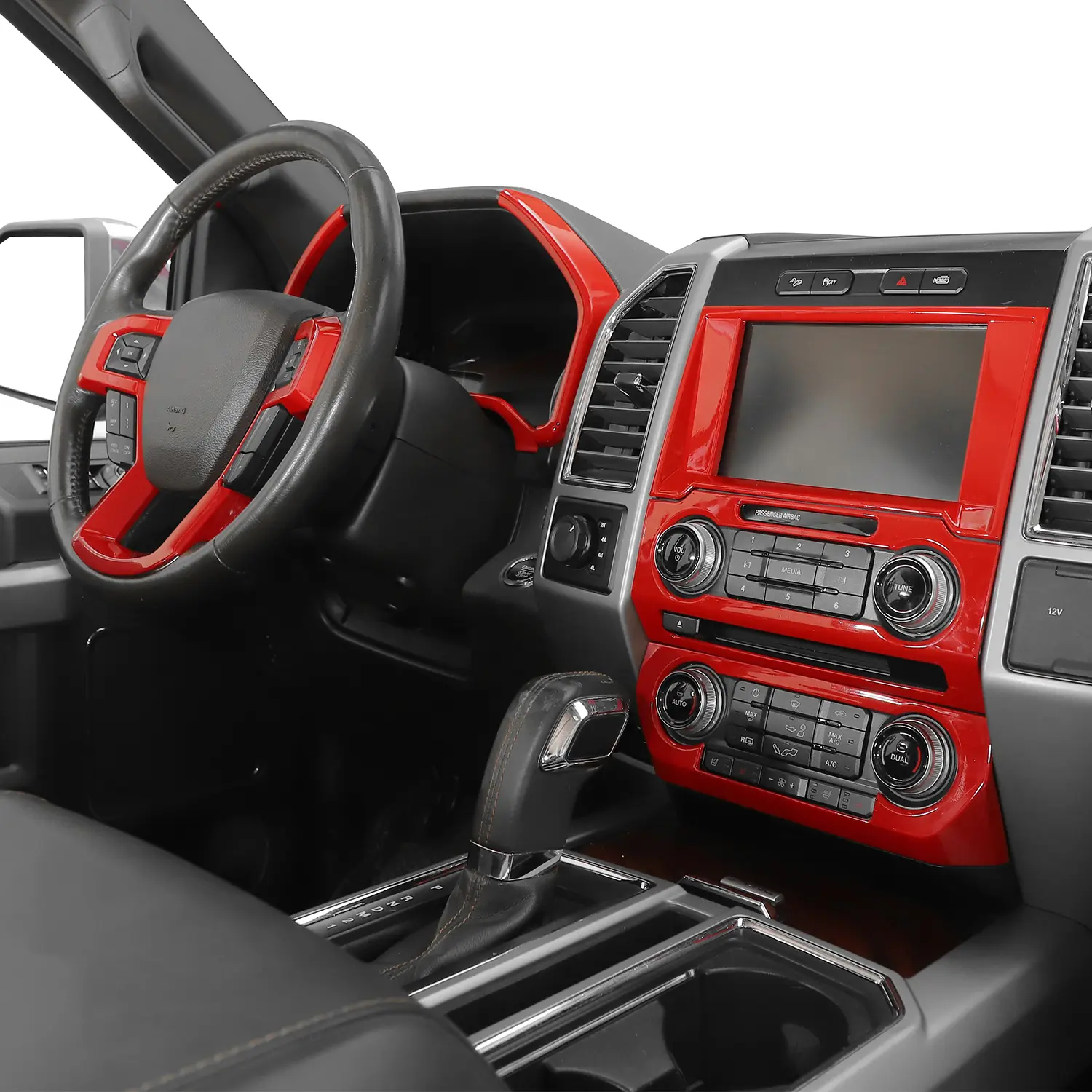 11-Piece ABS Car Interior Decorative Trim Stickers, Ford F150 2015-2020 Truck Accessories with Gloss Finish for Premium Look, Red Carbon Fiber/Wood Grain Options, Covers Dashboard, Steering Wheel, Air Vents, Double-Sided Adhesive for Quick DIY Install