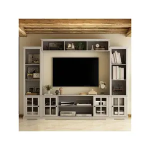 FUFU&GAGA Bedroom and Living Room Modern Wooden 4-Piece Wall Unit TV Stand with Bookshelves for up to 65",  Media Center with Glass Doors & Open Shelves