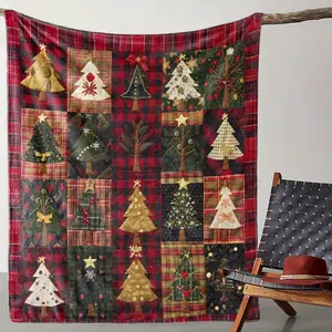 Cozy Festive Christmas Tree Patchwork Plaid Throw Blanket