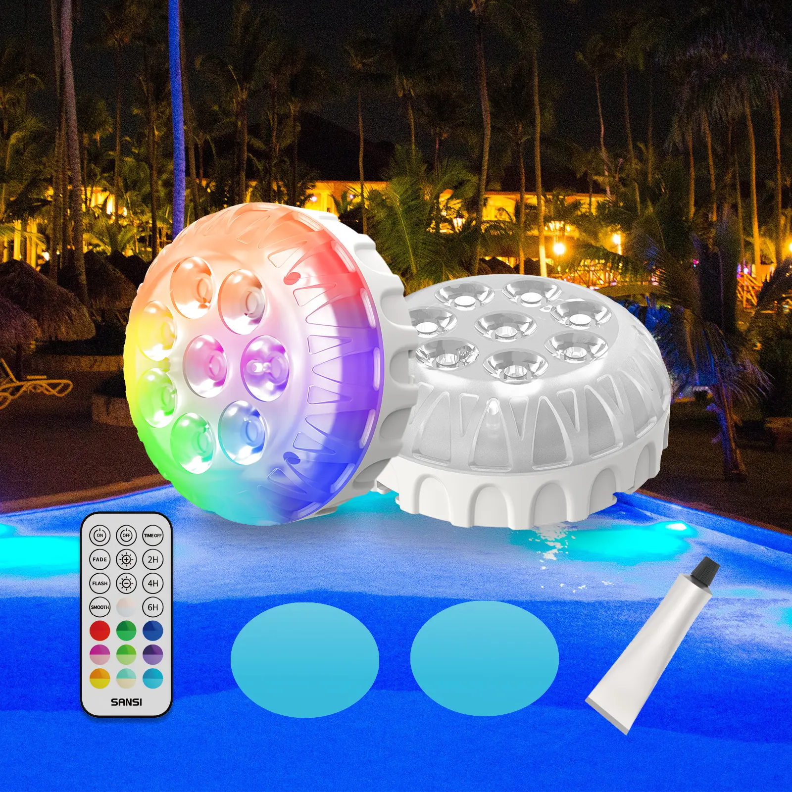 SANSI New Version Pro Submersible Pool Lights - Color Changing Pond Lights, 60H Battery Life, Double Sealed Waterproof, 160ft RF Remote, Magnetic Mounting, 3 Dynamic Modes, 20 Color Options, Ideal for Inground Pools
