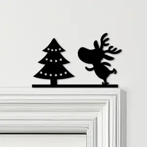 Classic and Elegant Door Top Decoration - Black and White Minimalist Deer Ice Hockey Christmas Decoration with Complex Antlers, Durable Door Frame Art, Suitable for Holiday Home Decoration, Door Top Decoration or Wall Hanging