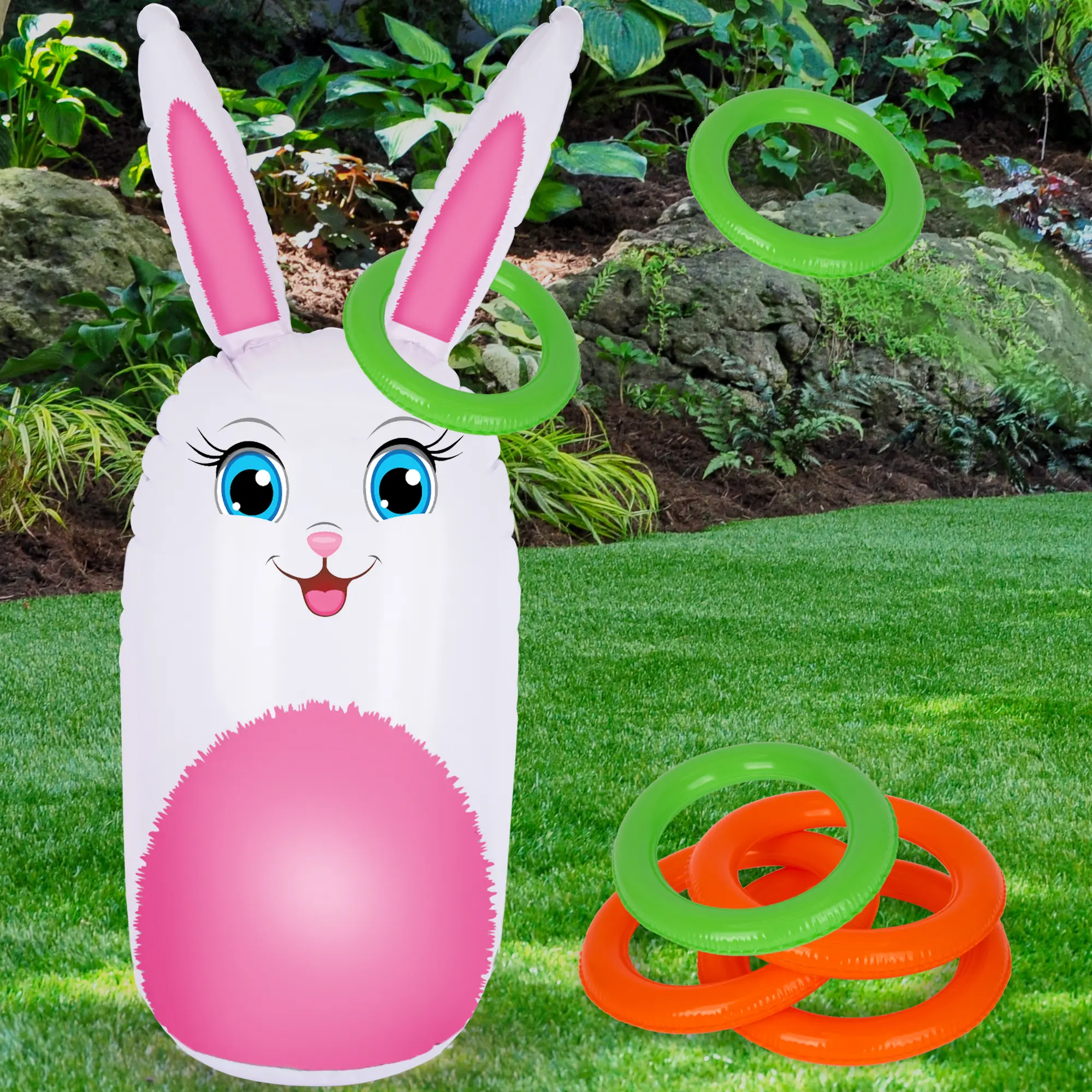 Easter Bunny Inflatable Ring Toss Game - Easter Games for Kids with Inflatable Bunny and 6 Rings