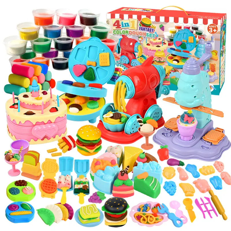 DIY Play Dough Kitchen Set 4-in-1 Ice Cream Cake Noodle Hamburger Maker Machine STEM Arts and Crafts Gift for Kids 3+ ASMR Fidget Toy Squishy Educational Sensory Birthday Gift with 24 Cans of Colored Dough and Variety of Accessories | Mother's Day Sale