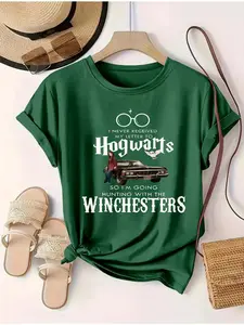 【Plus Size】 Letter Print Round Neck Graphic Tee, Vintage Trendy Casual Harry Potter T-shirt for Daily Wear, Ladies Summer Outfit