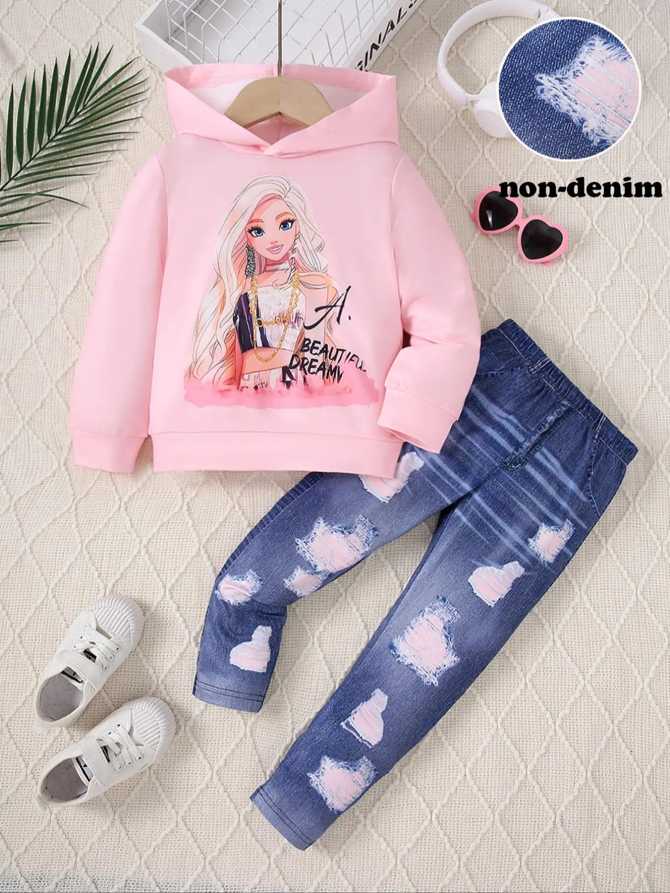 Two-Piece Set Girl's Cartoon Figure Print Sweatshirt & Denim-Effect Print Leggings Set, Casual Fashion Long Sleeve Hooded Pullover & Skinny Pants for