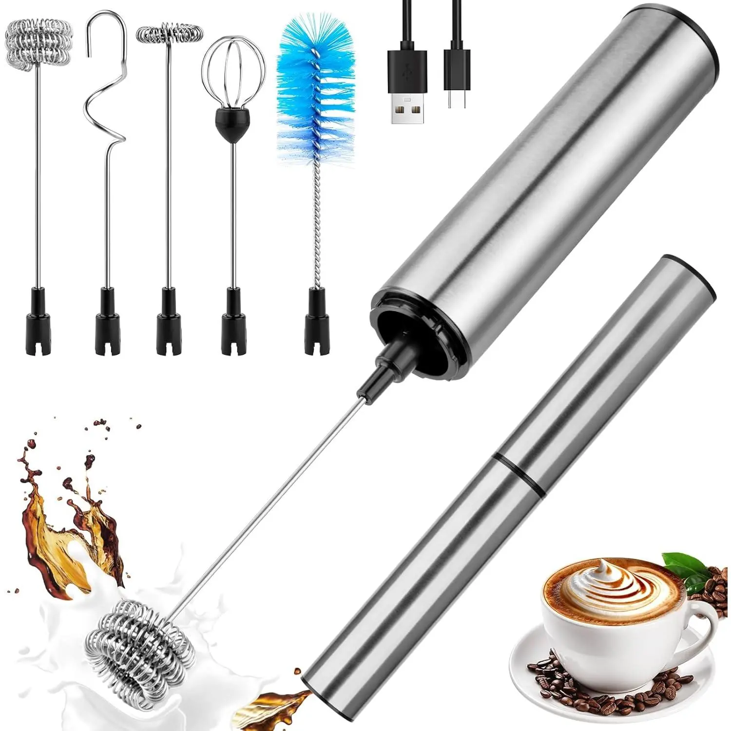 Milk Frother Wand for Coffee, Coffee Foamer Drink Mixer,Handheld Frother Rechargeable Electric Whisk with 5 Heads 2 Speeds for Latte, Cappuccino, Hot , Egg(Home and Travel Set Silvery)