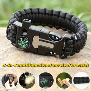 5-in-1 Bracelet With Compass, Whistle, Fire Starter, Cutting Tool, And Emergency Rope, For Hiking And Camping
