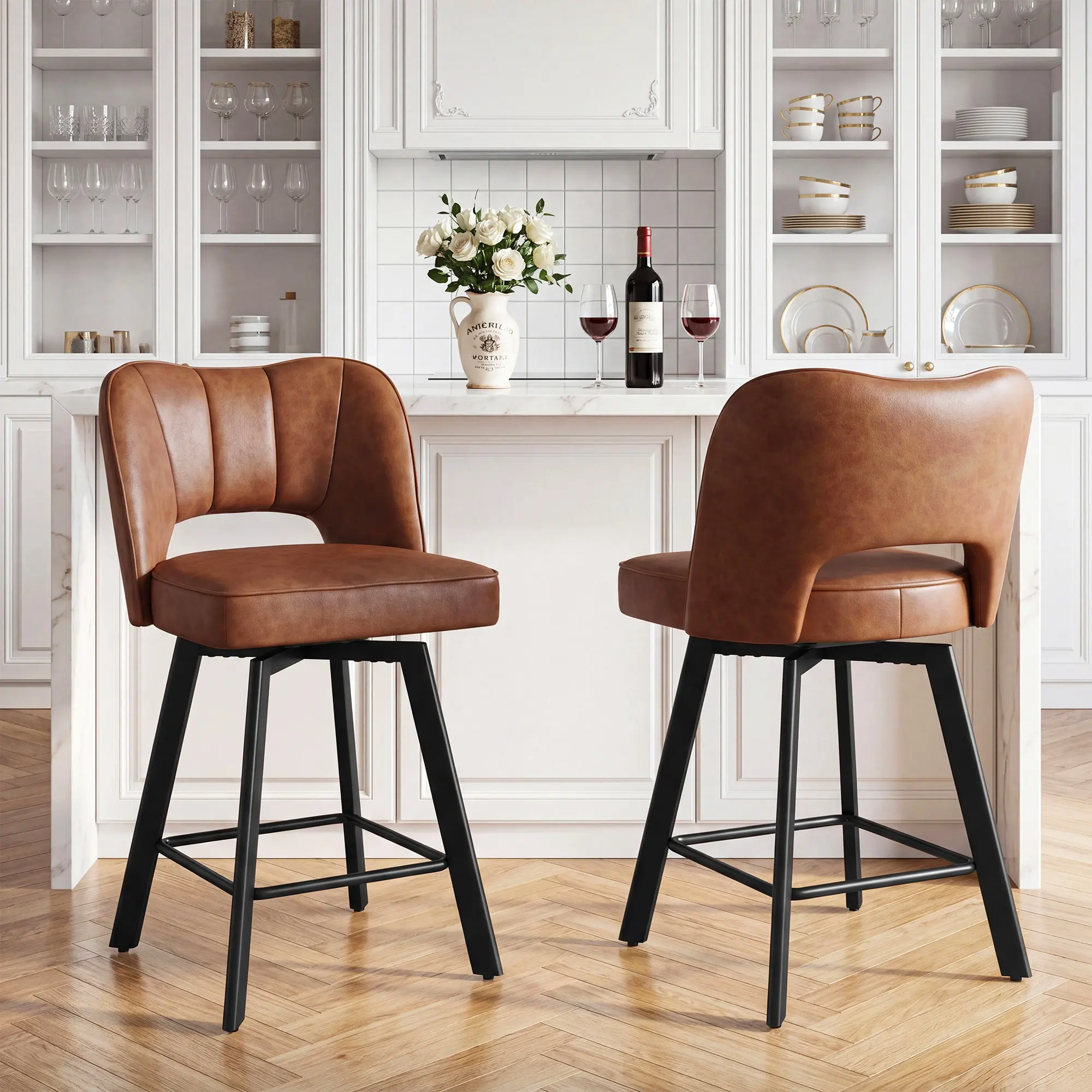 Raybee 26" Height Bar Stools Set of 2 with Footrest,Faux Leather Swivel Counter Stools for Kitchen,Dining Chairs with Ergonomic Hollow Backrest, Metal Legs, Armless