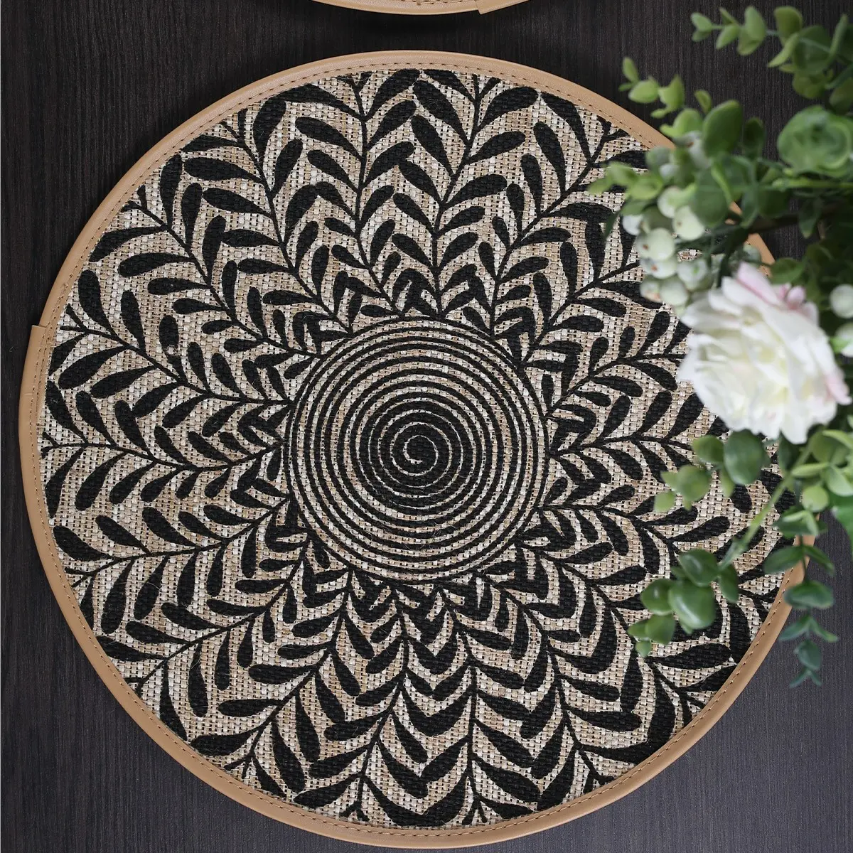 6pcs/set Bohemian Jute Printed Placemats with Faux Leather Edges, Jute Placemat set Dining Table Mat For Pots, Dishes & Bowls Place Mats For Kitchen Table Accessories, Boho Placemats Set, Kitchen Decorative Placemat