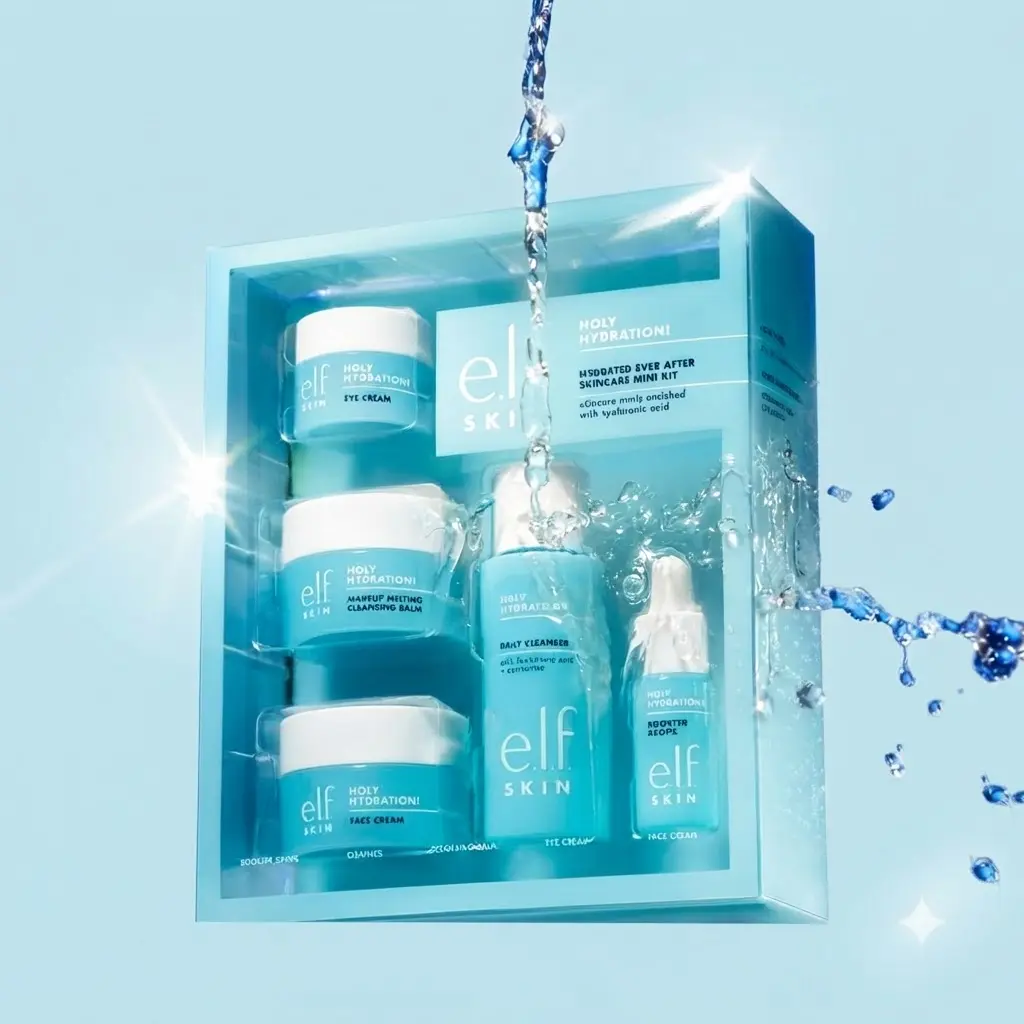 e.l.f. SKIN Holy Hydration Hydrated Ever After Skincare Mini Kit Cleanser Balm Moisturizer Eye Cream Travel Set