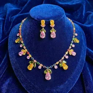 Colorful Cubic Zirconia Floral Necklace and Earring Set for Women - Elegant Teardrop Leaf Crystal Statement Jewelry for Prom Wedding Party Fairycore Accessories Gift