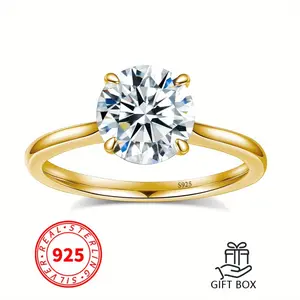 Gold Plated S925 Silver Round Moissanite Solitaire Ring, 4-Prong Setting, Timeless Minimalist Promise & Engagement Ring queen ring