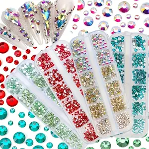12 Grids Multiple Sizes Rainbow Flat Back DIY Crafts Rhinestone 3D Decorations Flat Back Gemstone Set + Tweezers + Rhinestone Pen nail art accessory
