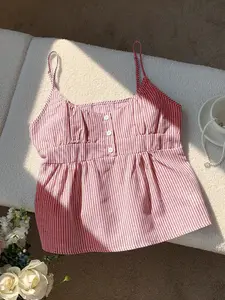 A women's short-sleeved top with a red and white striped, spaghetti strap, V-neck, single-row white button, lot leaf hem, pleated design, fresh and sweet, French casual style, suitable for summer, suitable for daily work and dating, sleeveless