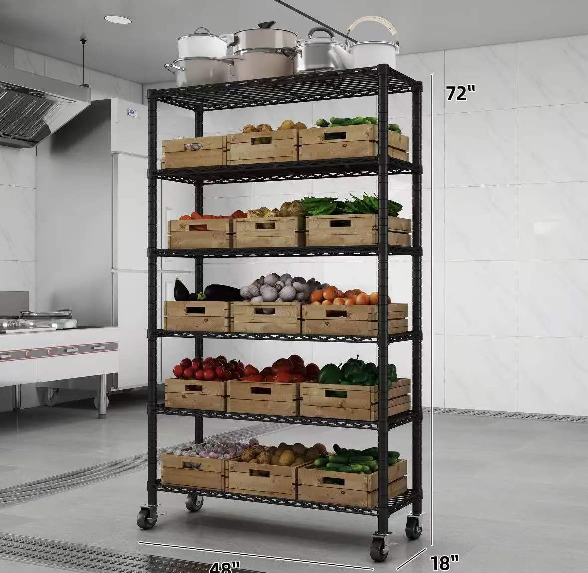 6-Tier NSF Certified Storage Shelves, 18" D X 48" W X 72" H Heavy Duty Steel Wire Shelving Unit with Wheels and Adjustable Feet, Used as Pantry Shelf, Garage or Bakers Rack Kitchen Shelving