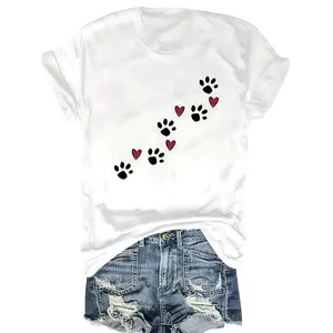 Women's Plus size T-shirt, casual crew neck, Short sleeve, soft polyester blend, machine washable, puppy paw print, Fitted style, Spring/Summer Fashion, Stretch knit fabric, crew neck, black Tops Womenswear